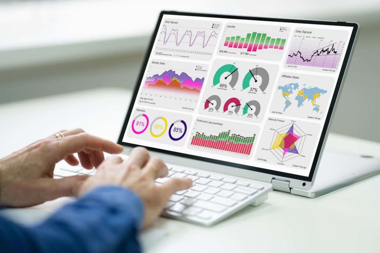 Laptop displaying a data analytics dashboard.